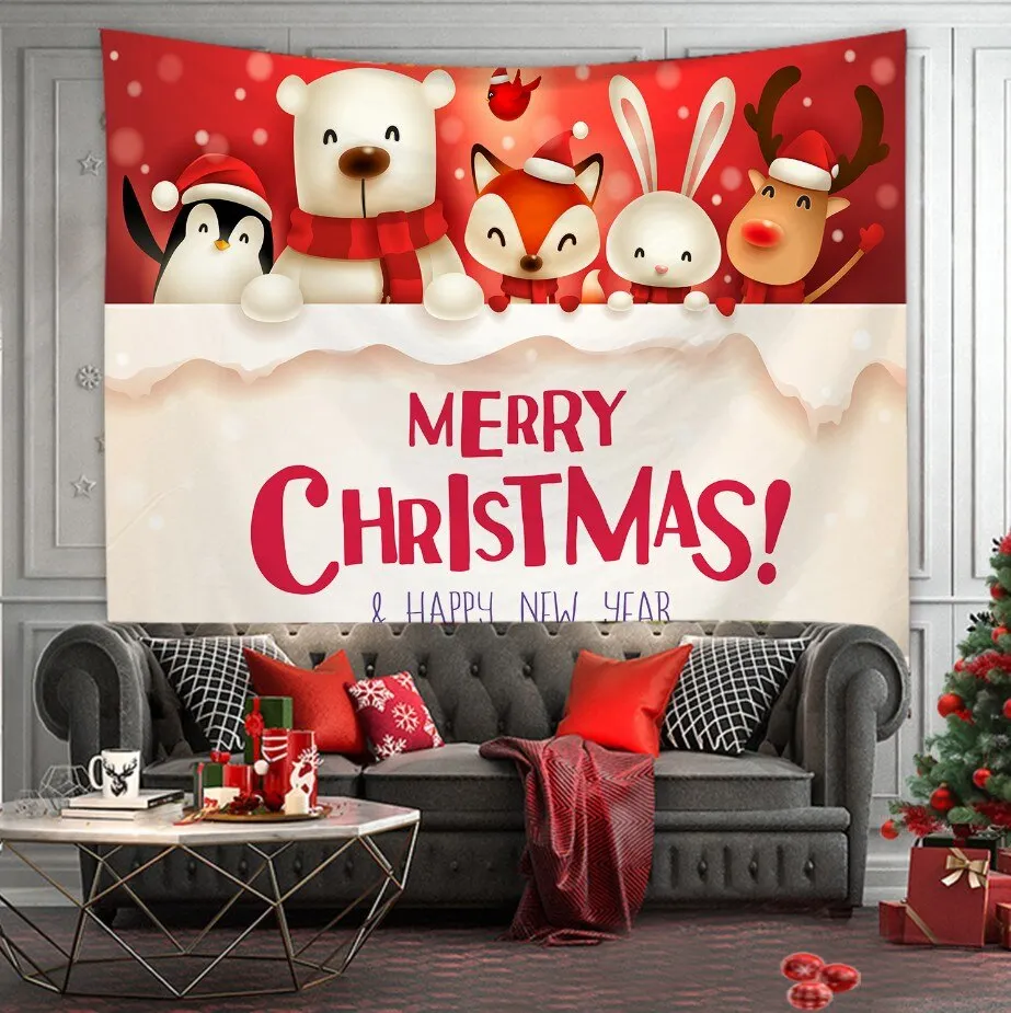 Christmas Tree Print Tapestry Wall Hanging Background Cloth Decor Red Santa Claus Polyester Tapestry Home Room Wall Decoration