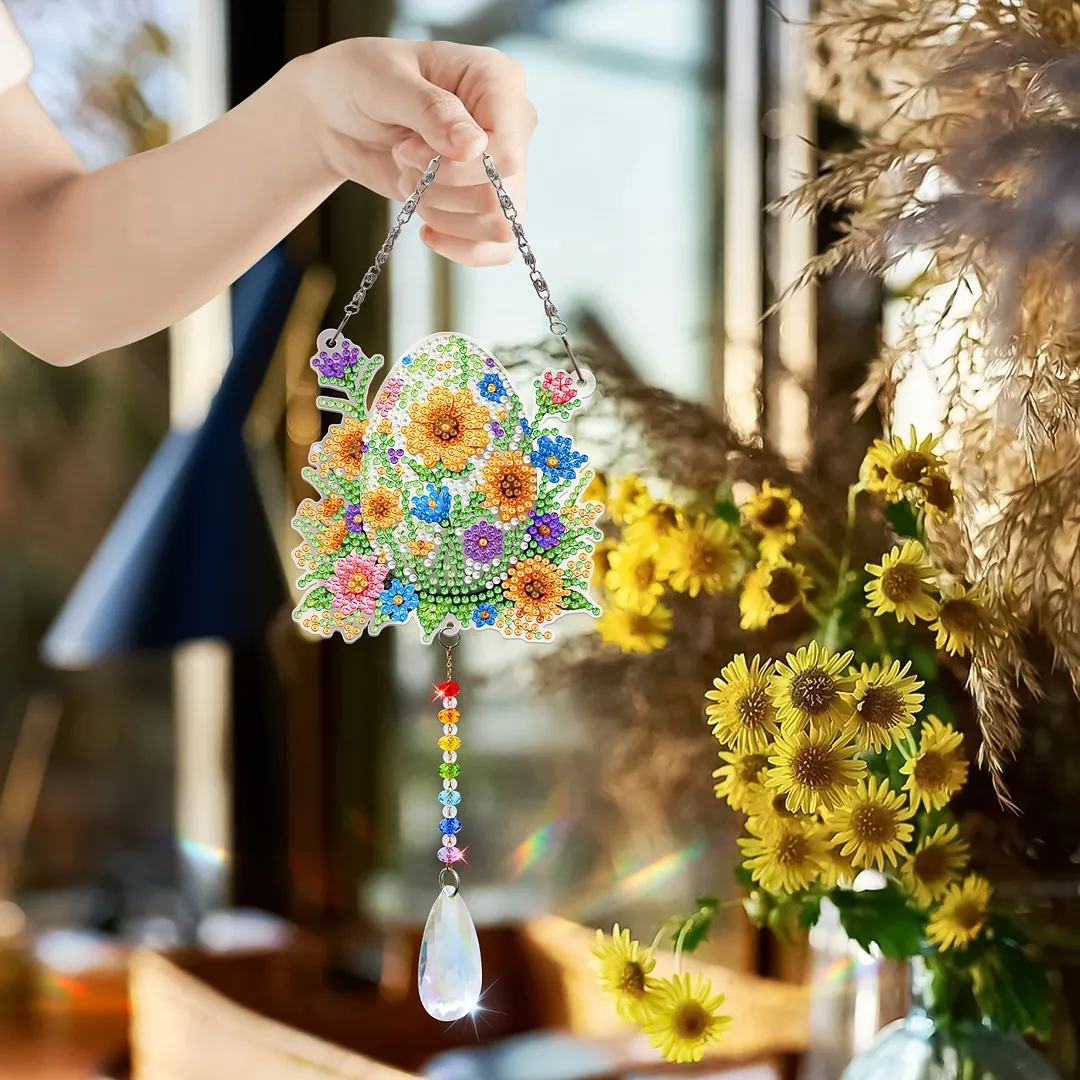 2Pcs Flower Easter Egg DIY Acrylic Diamond Painting Art Wind Chimes with Crystal Pendant Diamond Art Hanging Pendant Double-Sided for Adults Beginners Gift Home Garden Decor