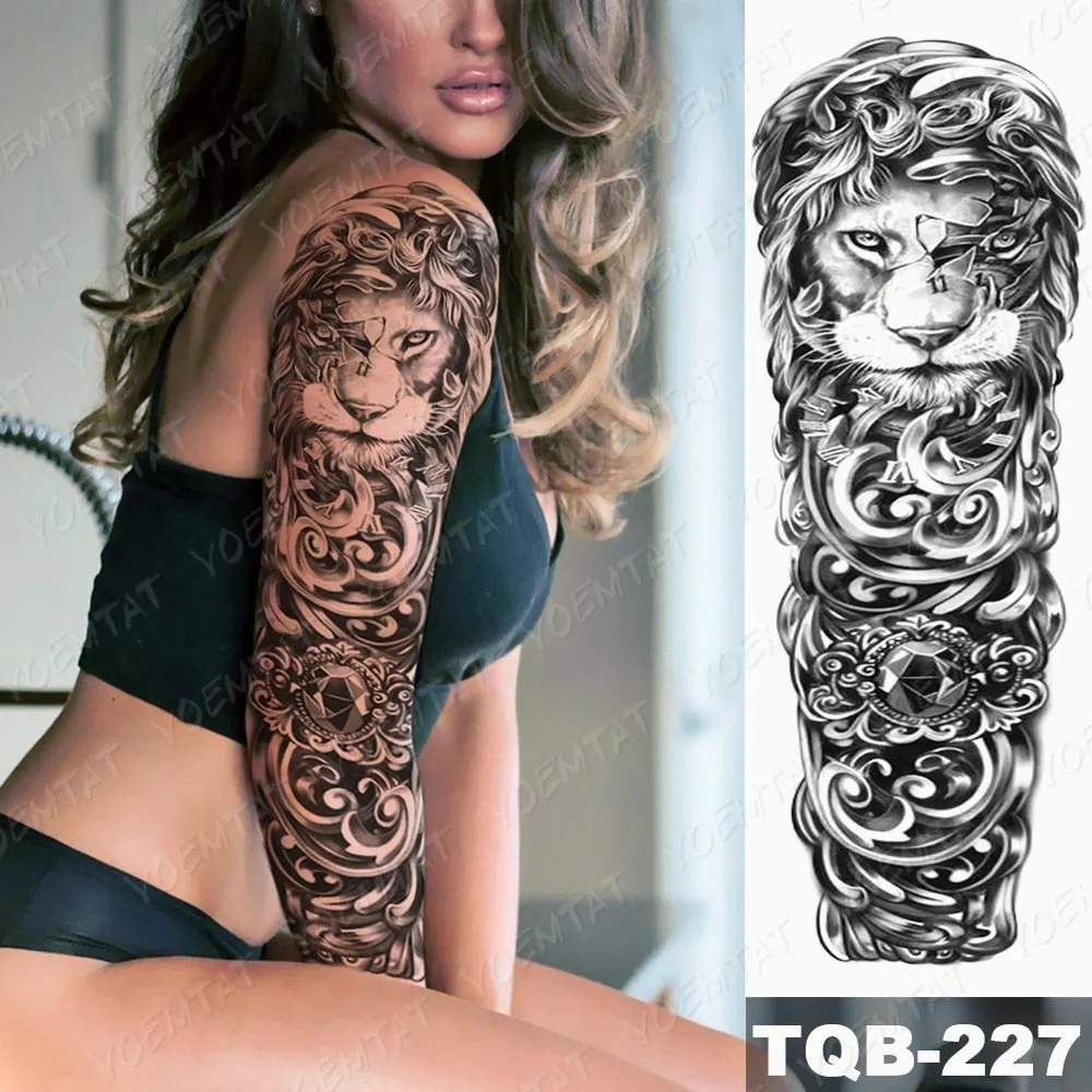 Large Arm Sleeve Tattoo Bird Crow Forest Moon Waterproof Temporary Tatto Sticker Lion Wolf Clock Body Art Full Fake Tatoo Men