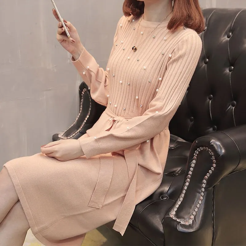 Suofun Casual Loose 2021 Fashion Women Wool Knitted Sashes Beading Knee-Length O-Neck Lantern Sleeve Autumn Women Sweater Dress