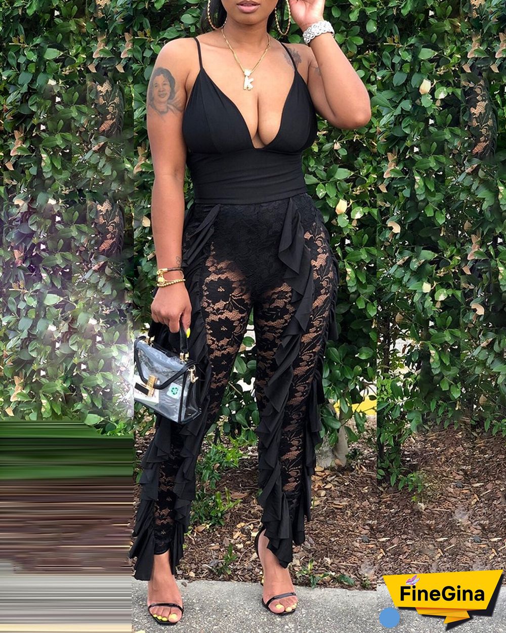 Plunge Ruffle Hem Crochet Lace Patch Jumpsuit