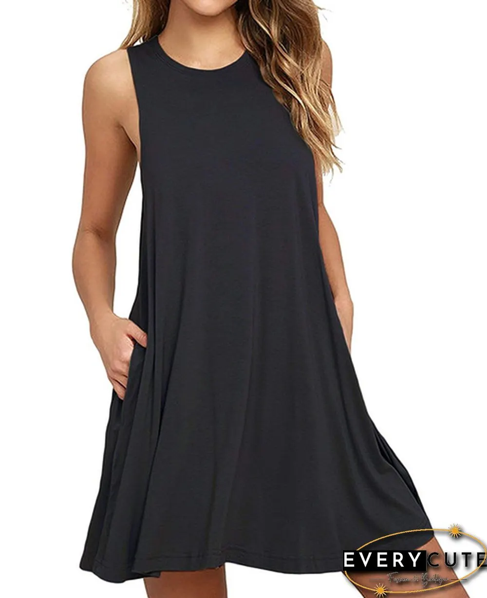 Plus Size XS-8XL Summer Women Casual Round Neck Solid Color Loose Sleeveless Beach Tank Top A-line Pocket Dress Sexy Short Club Party Mini Halter Midi Dresses Robe Ete Femme Knee Length Pleated Skirts Ladies Fashion Swing Cotton T-Shirt Dress