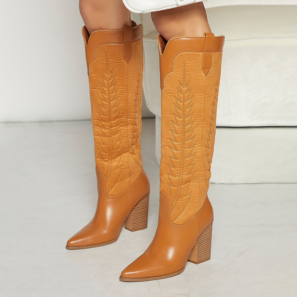 Light Brown Pointed Toe Stitching Detail Knee High Cowgirl Boots Nicepairs