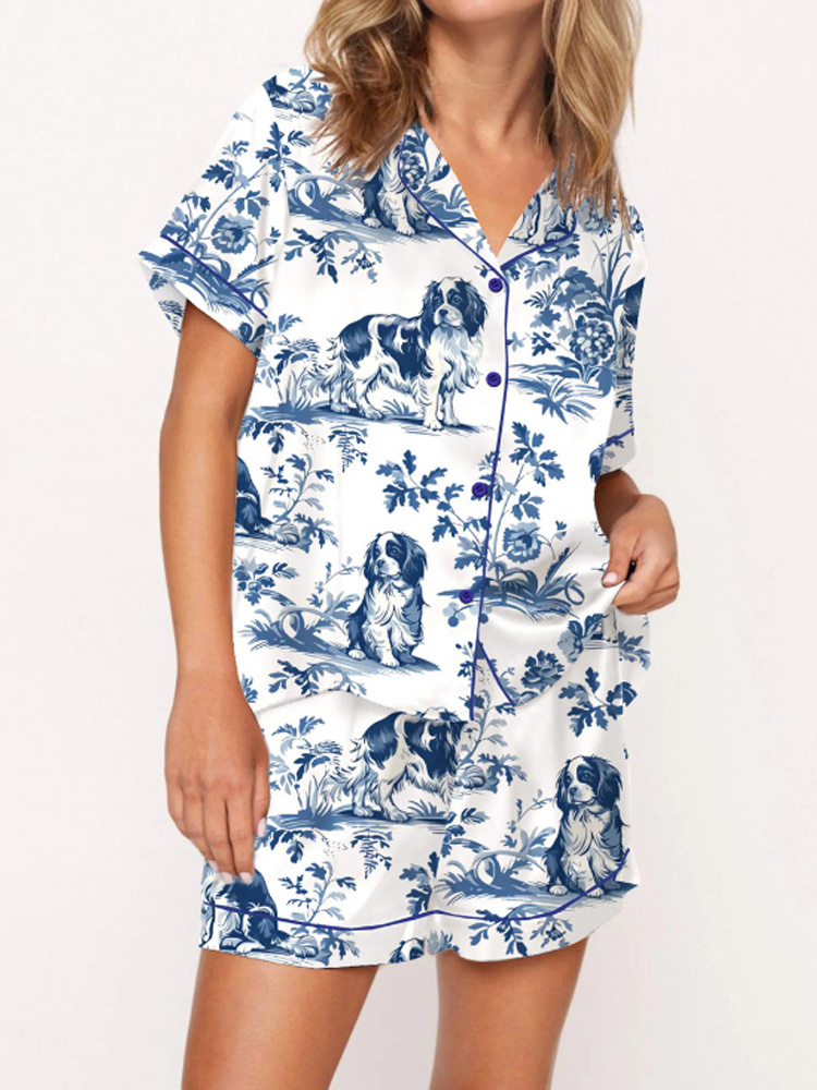 Women's Casual Cavalier King Charles Spaniel Silky Satin Pajama Set elevenforest