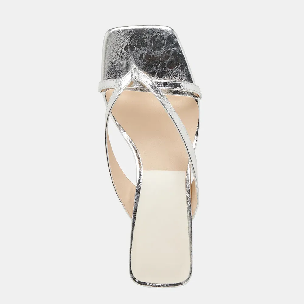 Silver Metallic Finish Open Square Toe Slide Sandals with Spool Heels
