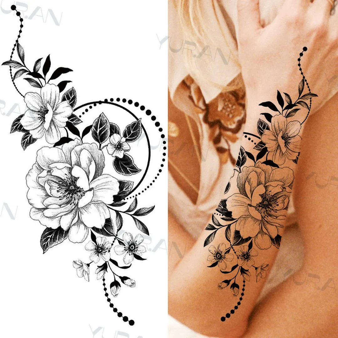 Black Large Snake Flower Fake Tattoo Sticker For Women Dot Rose Peony Temporary Tattoos DIY Water Transfer Tatoos Girls 530