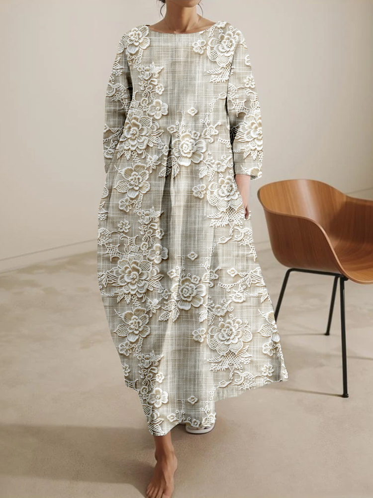 Elegant Floral Lace Embroidered Linen Blend Maxi Dress artswardrobe