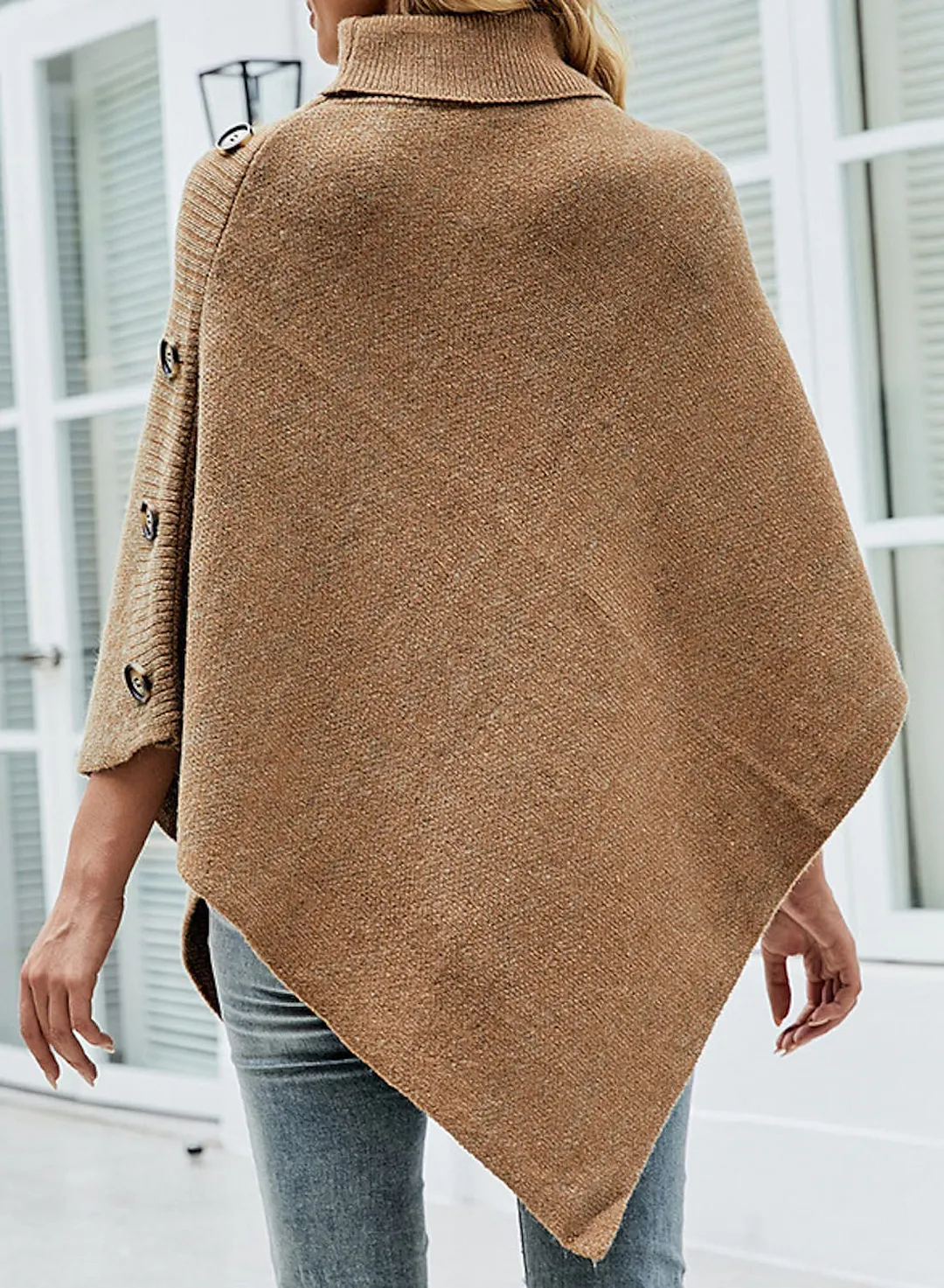 Women's Shirt Shrugs Plain Button Crochet Long Sleeve High Neck Ponchos Capes