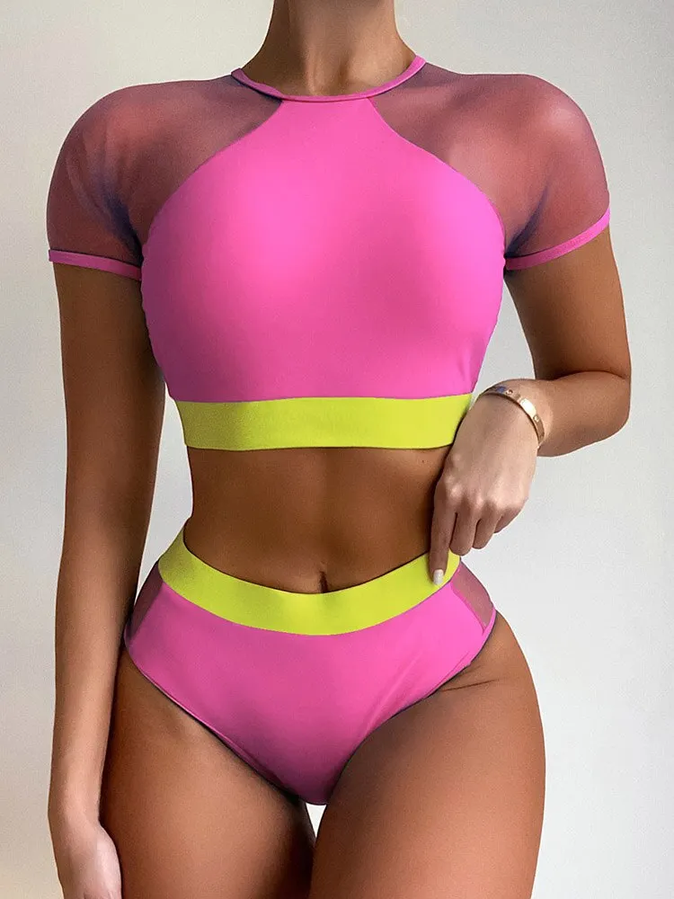 INGAGA High Waist Bikini With Short Sleeves Sexy Mesh Women's Swimsuit 2022 Patchwork Swimwear 2022 O-Neck Biquinis Bathing Suit
