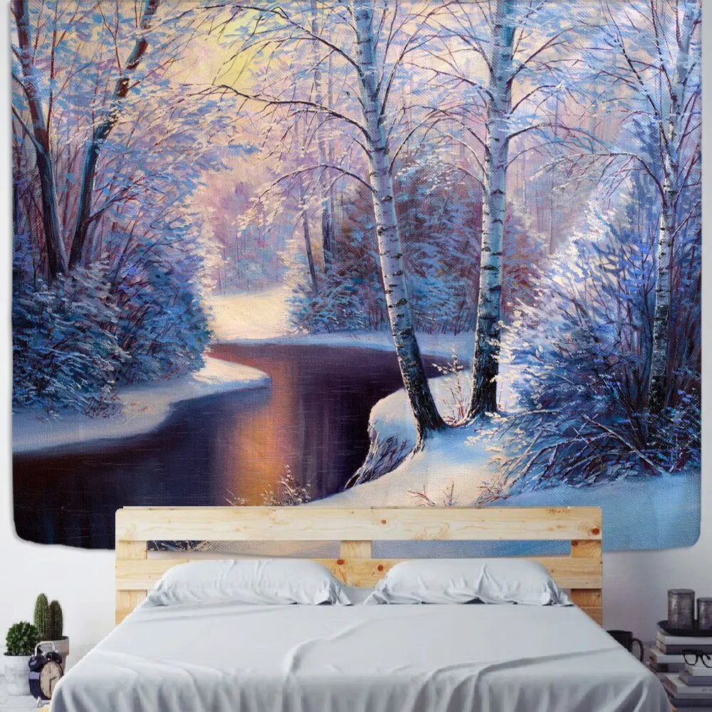 Christmas Village Wooden House Tapestry Ice And Snow Style Wall Hanging Merry Christmas Tapestry For Home Deco Christmas Gift