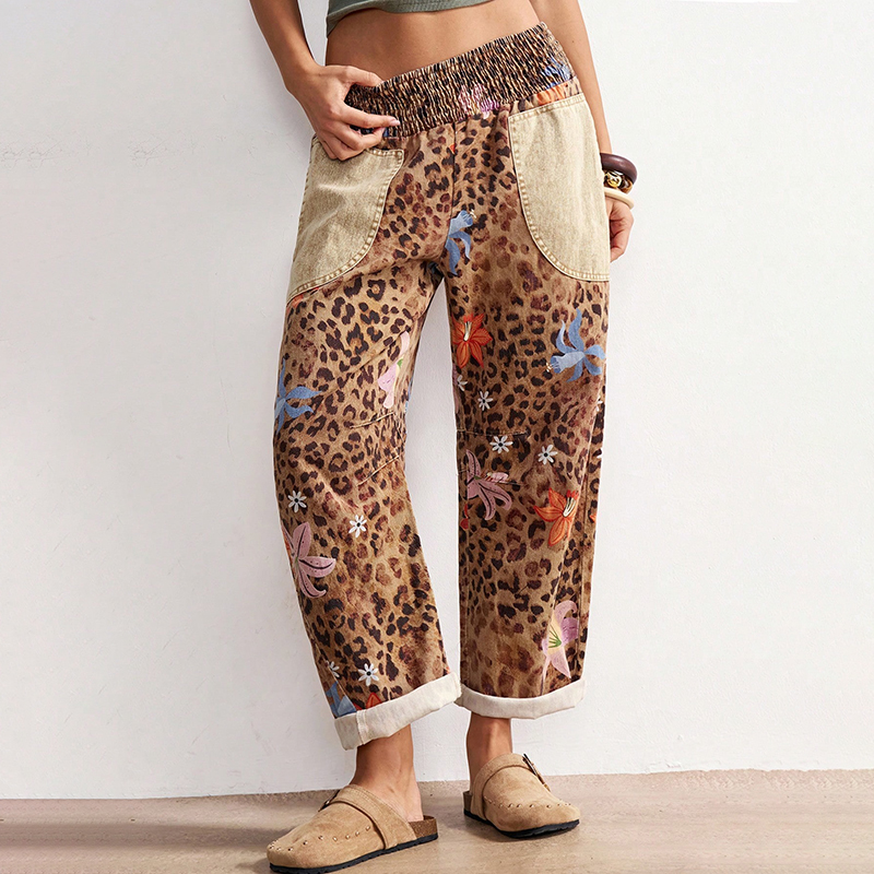 Comstylish Women's Bohemian Floral & Leopard Print Casual Pants