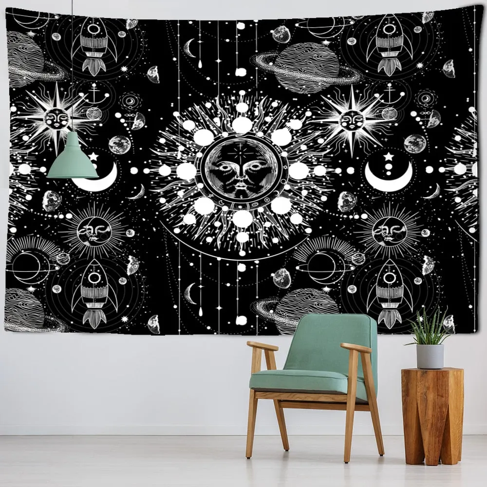 White Black Sun Moon Mandala Starry Sky Tapestry Wall Hanging Bohemian Gypsy Psychedelic Tapiz Witchcraft Astrology Tapestry