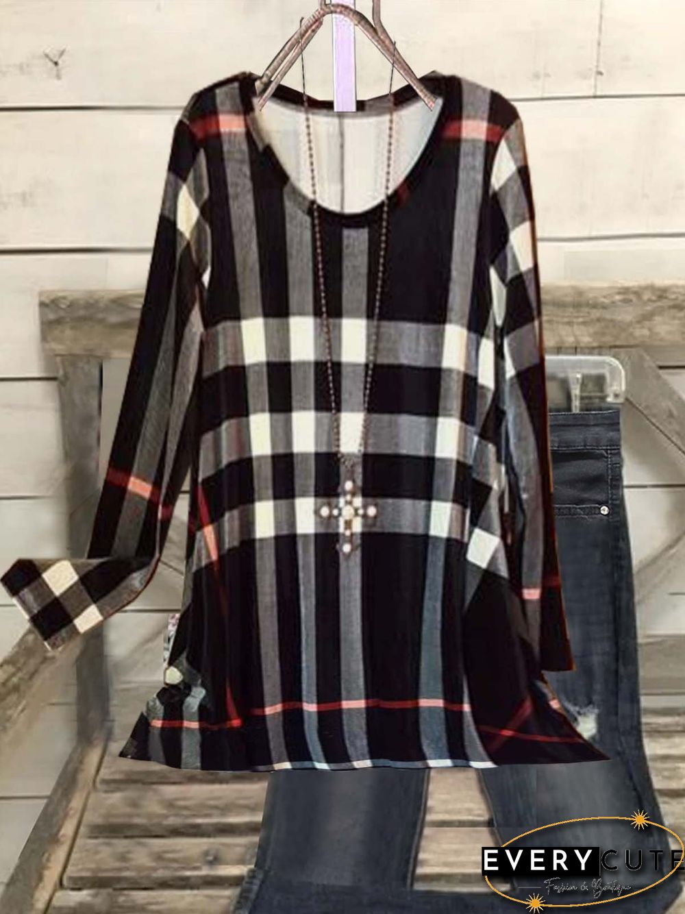 Long Sleeve Printed Cotton-blend Crew Neck Vintage Black Top