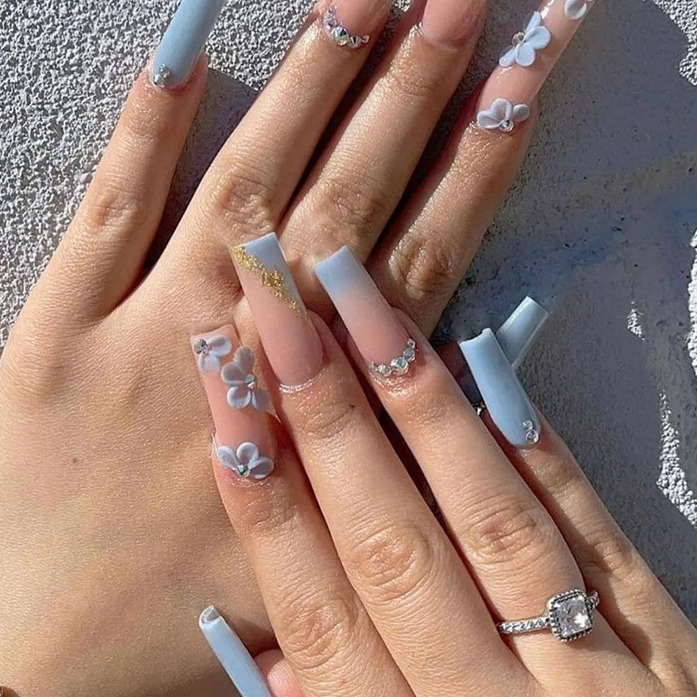 24pcs/Box Matcha Green Color With Rhinestone Long Coffin False Nails Full Cover Ballerina Press On Nails Wearable Fake Nails