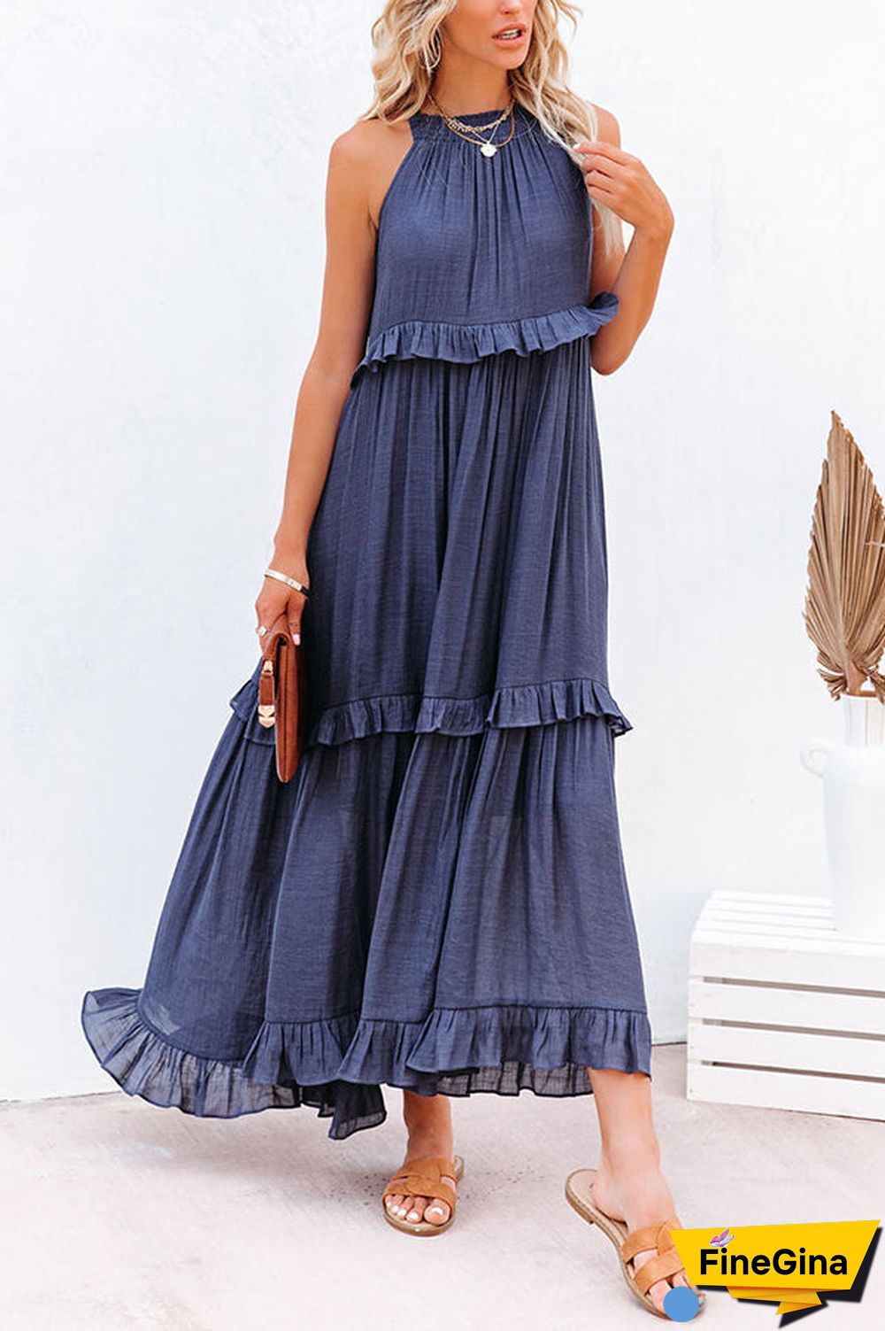 Pocketed Halter Textured Maxi Dress