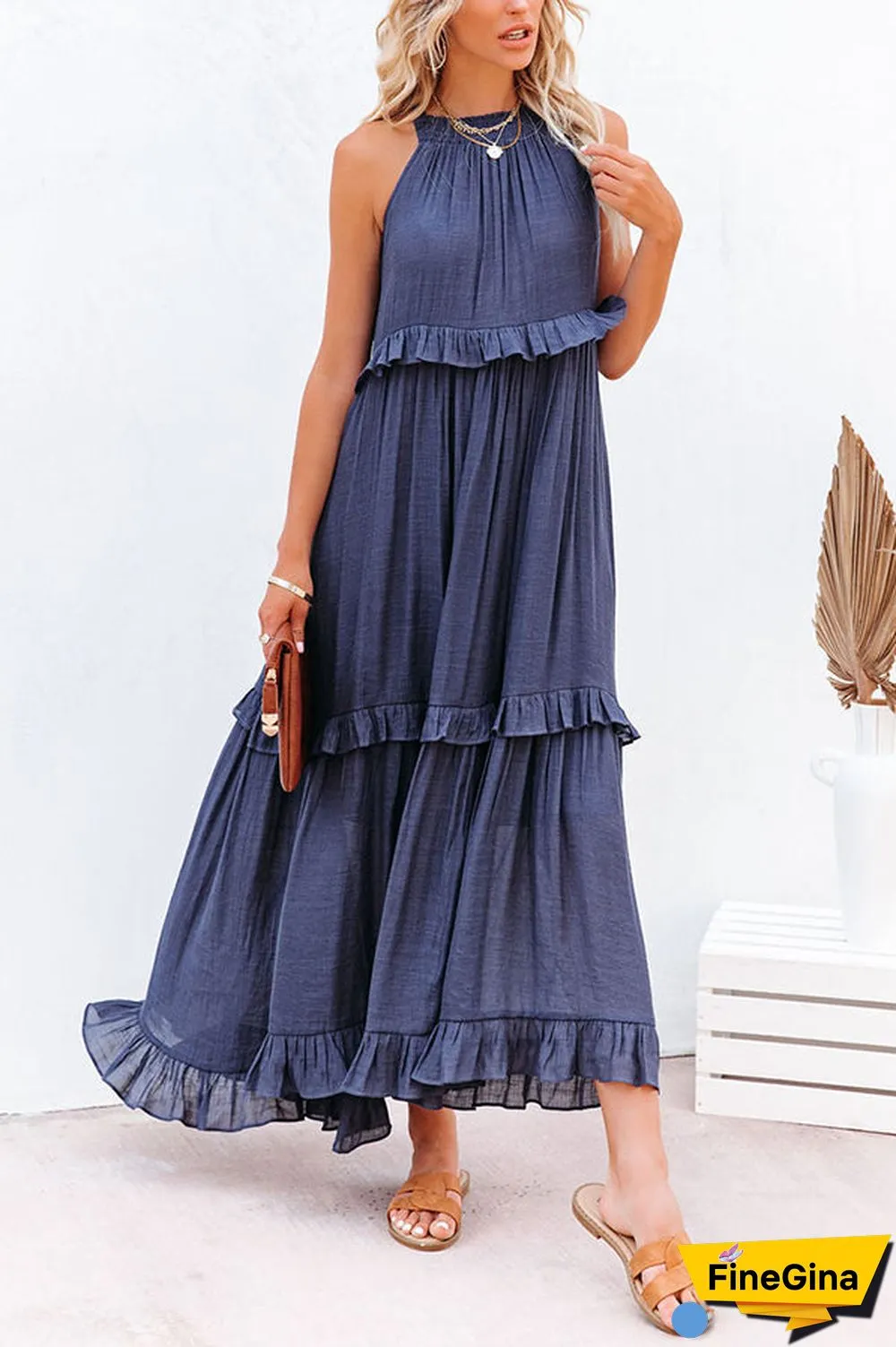 Pocketed Halter Textured Maxi Dress