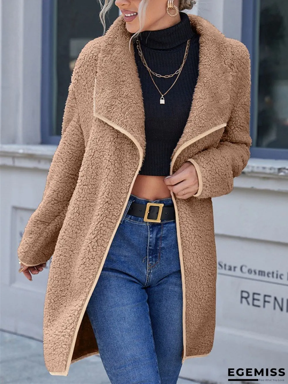 Loose Casual Large Lapel Irregular Medium Length Reversible Plush Coat | EGEMISS