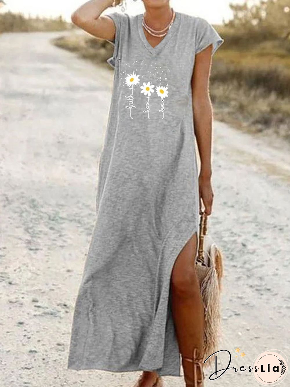 Casual V Neck Loosen Short Sleeve Knit Dress