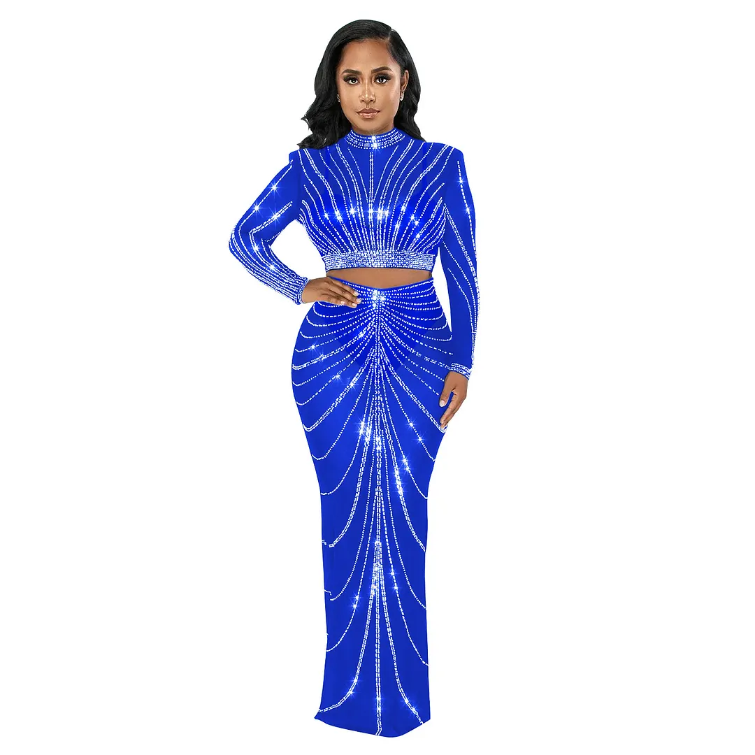 Churchf Churchf Fashion Women's Mesh Hot Drill Perspective Long-Sleeve Dress Two-Piece Set