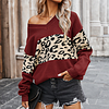 Women's V-Neck Colorblock Leopard Knit Sweater