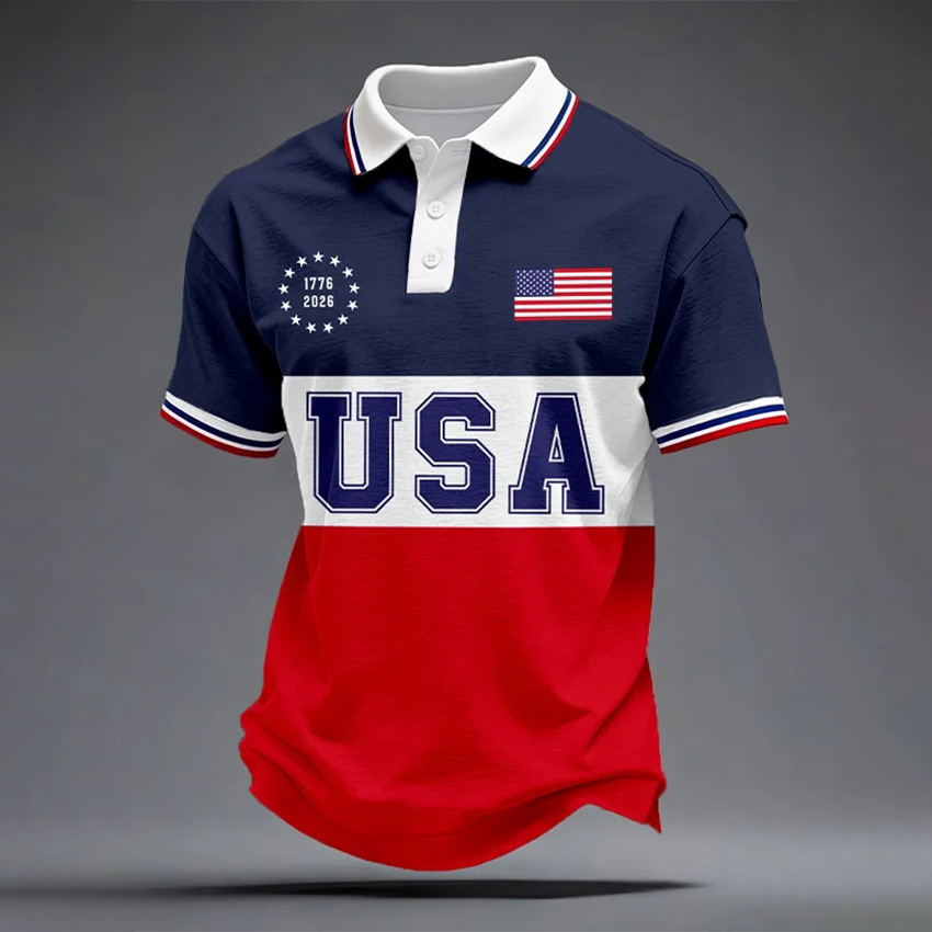 Comstylish Men's Independence Day Flag Print Polo Shirt