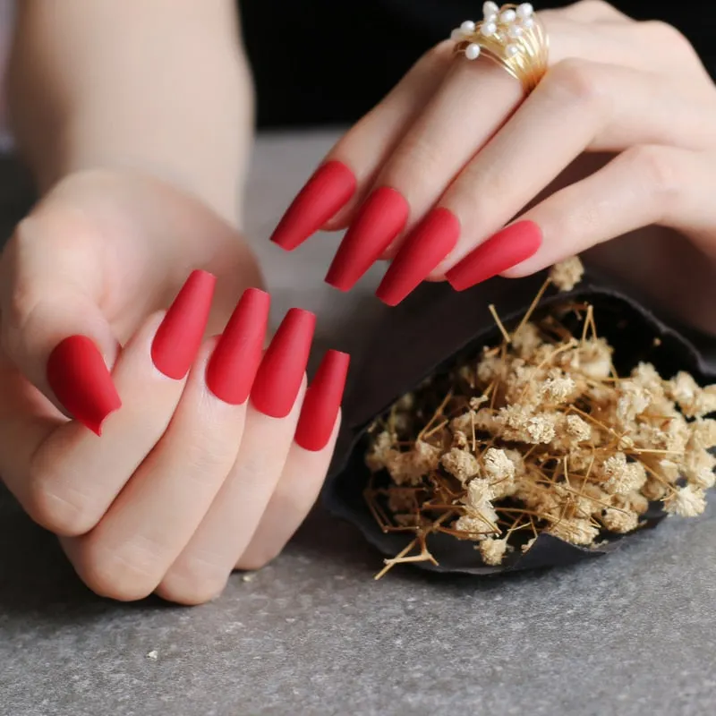 Glossy Ballet false nails red Long coffin Salon art matte Fake nails Transparent rectangle-Nail Inspo