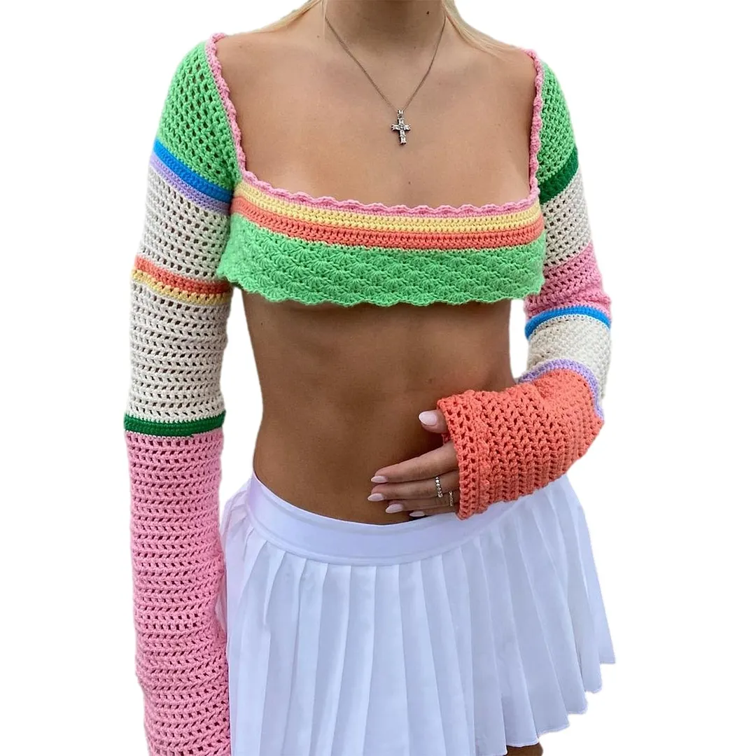 2021 New Knitted Crochet Sweaters Tops Women Summer Autumn Long Sleeve Square Neck Crop Tops Casual Loose Sweater Streetwear