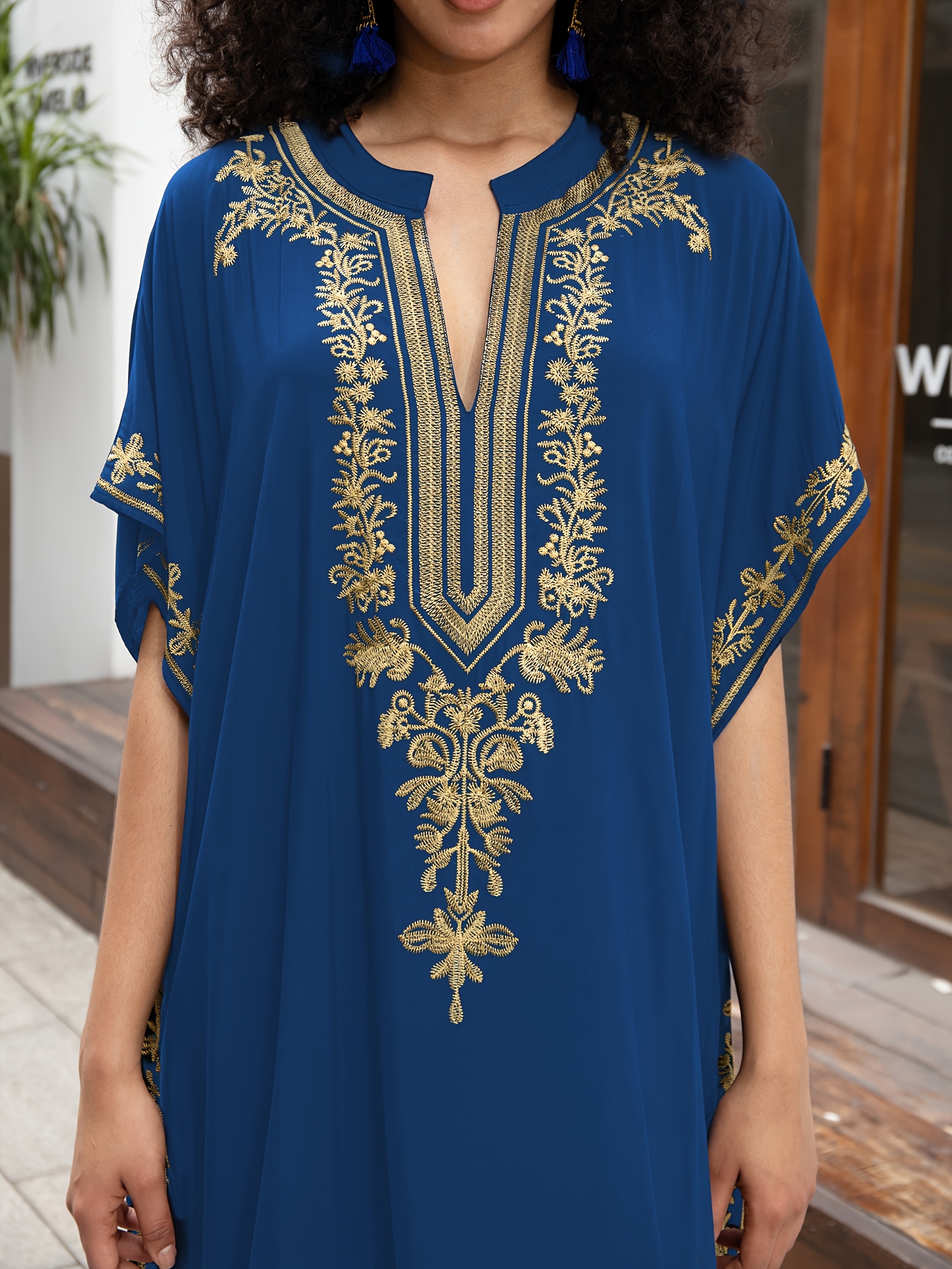Plus Size - Kaftan Dresses For Women Embroidered Short Sleeve V-Neck Plus Size Caftan Bikini Swimsuit Cover-Up Long Beach Dress Elegant Vacation Outfits Kaftan Clothing | IFYHOME