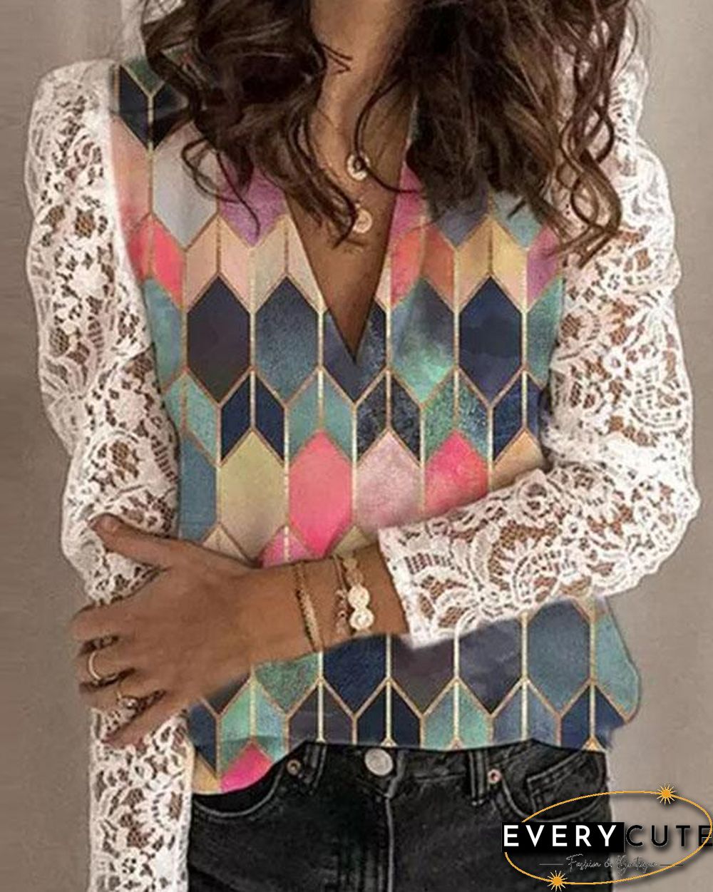 Lace Color Block V Neck Long Sleeves Elegant Blouses