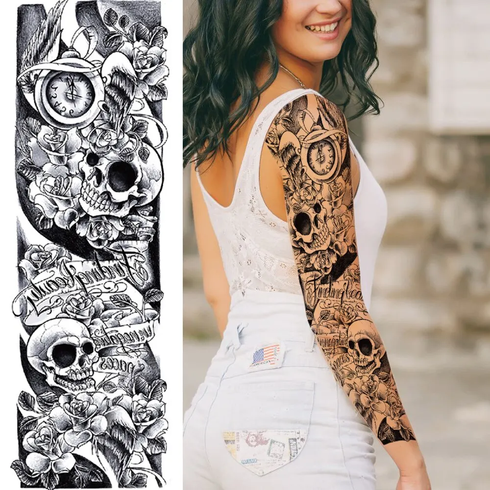 Black Military Maori Totem Temporary Sleeve Tattoos For Men Realistic Fake Full Arm3D Dragon Skull Wolf Lion Robot Tatoos Paste