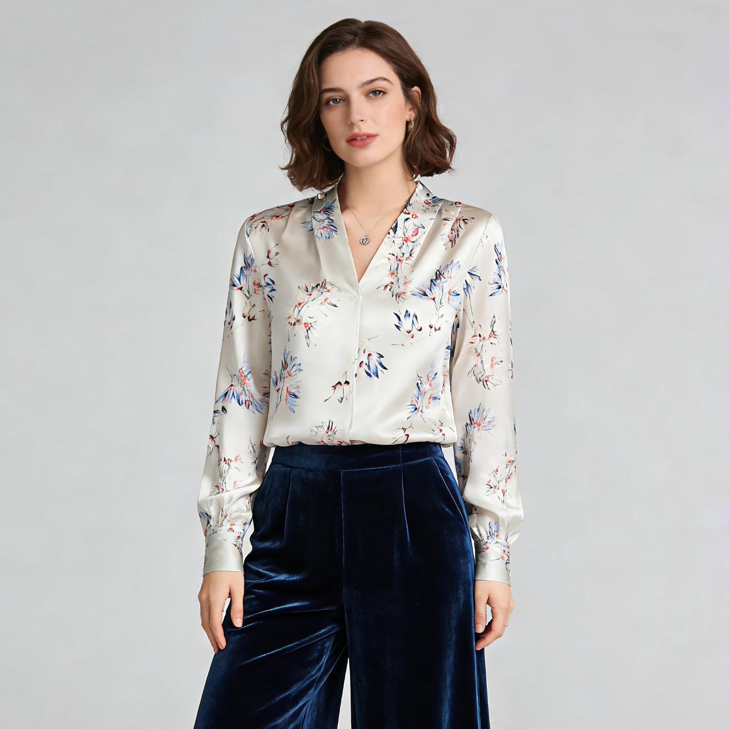 V-neck Floral Silk Blouses For Women REAL SILK LIFE