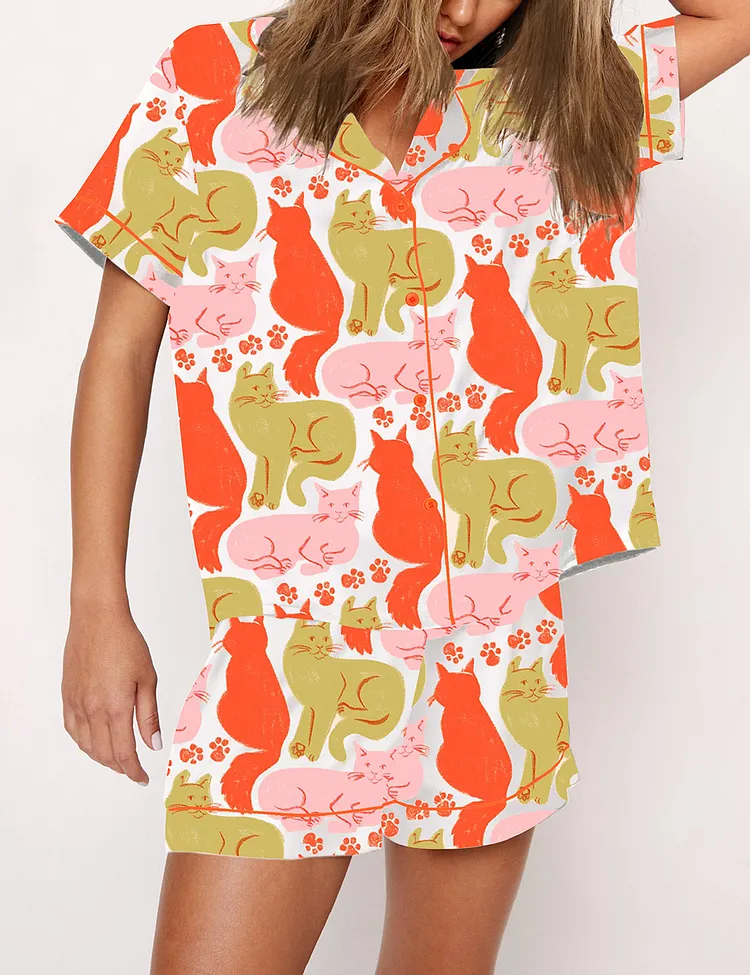 Women&rsquo;s Colorful Cute Cat Short Sleeve Satin Pajama Set