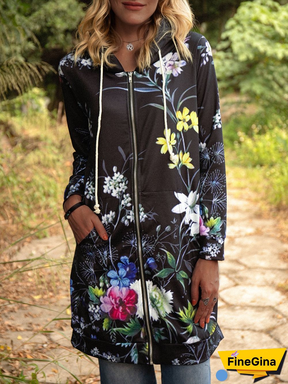 Gray Floral Long Sleeve Adjustable Strap Cotton-Blend Knit coat