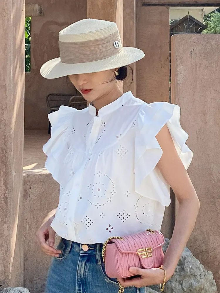 Uveng Uveng Sense Of White Shirt Summer French White Shirt Lotus Sleeves Of The Famous Wind Short Top Korean European Women's Clothing Tide