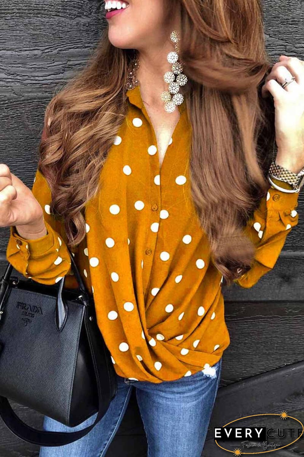 Fashion Polka Dot Suit Collar Button Shirt Tops(3 Colors)