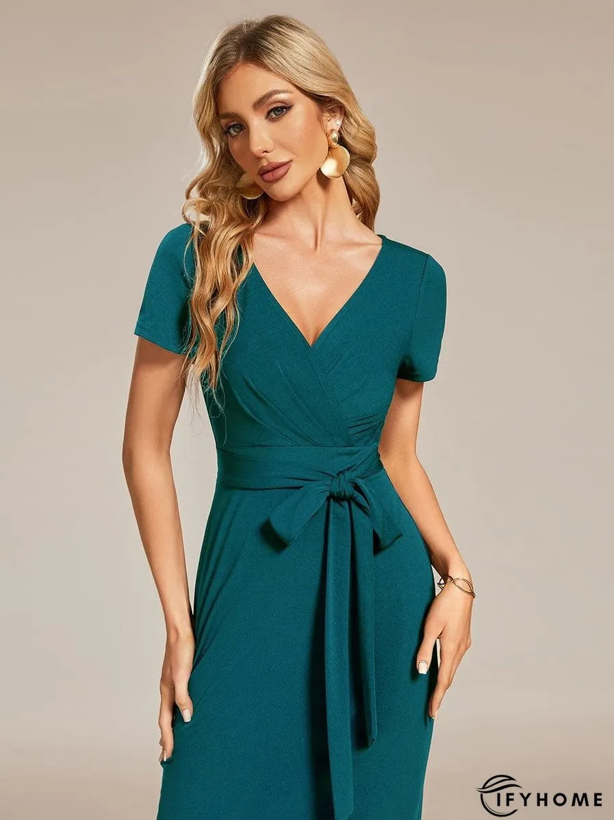 Elegant Deep V Neck Short Sleeve Cocktail Dress with Waist Belt | IFYHOME