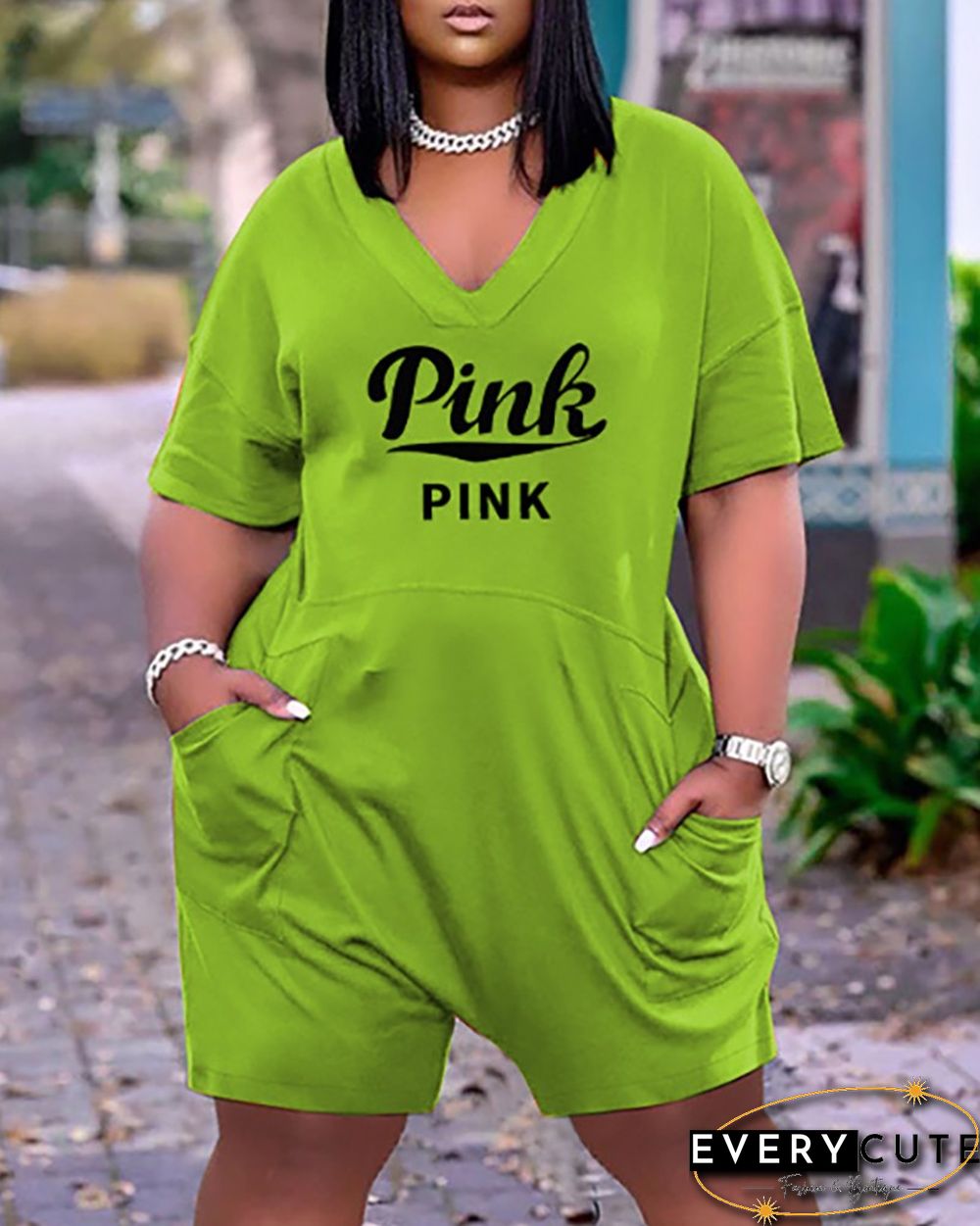 Pocket Design Letter Print Short Sleeve Romper
