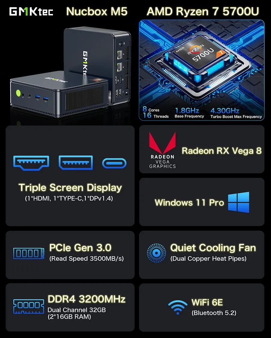 ミニPC GMKtec NucBox M5 Ryzen 7 5700U GMKtec GMKtec NucBox M5 Mini PC AMD Ryzen™ 7 5700U 209.99