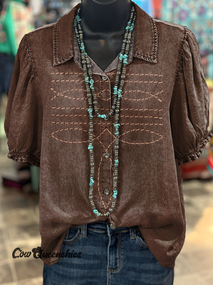 Women&rsquo;s Western Boots Pattern Print Casual Cotton Shirt Multicolor / S