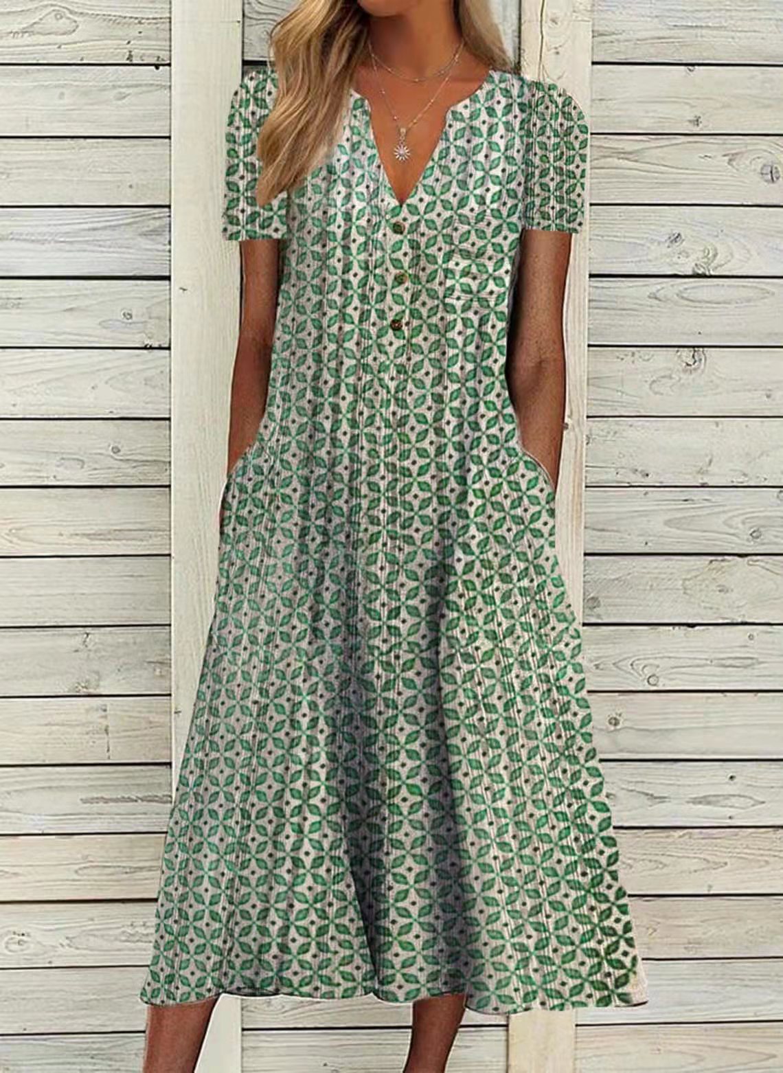 Printed V-neck Long Dress Large Swing Boho Dress
