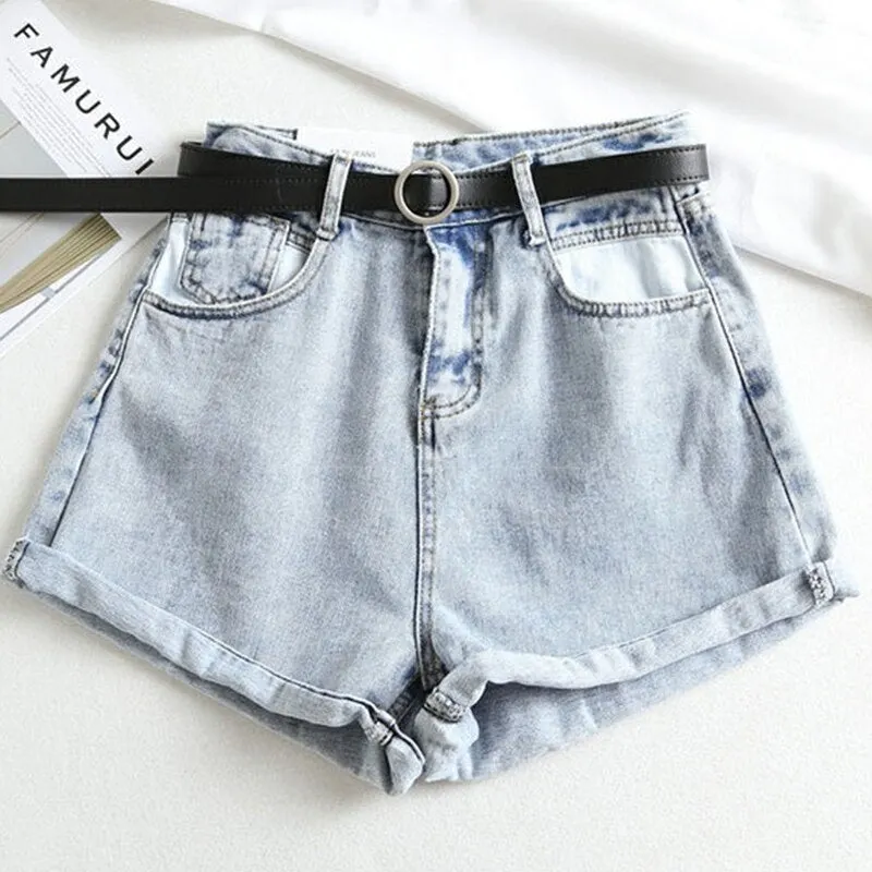Ailegogo Summer Women Streetwear High Waist Black Wide Leg Jeans Shorts Casual Female Solid Color Loose Denim Shorts With Belt