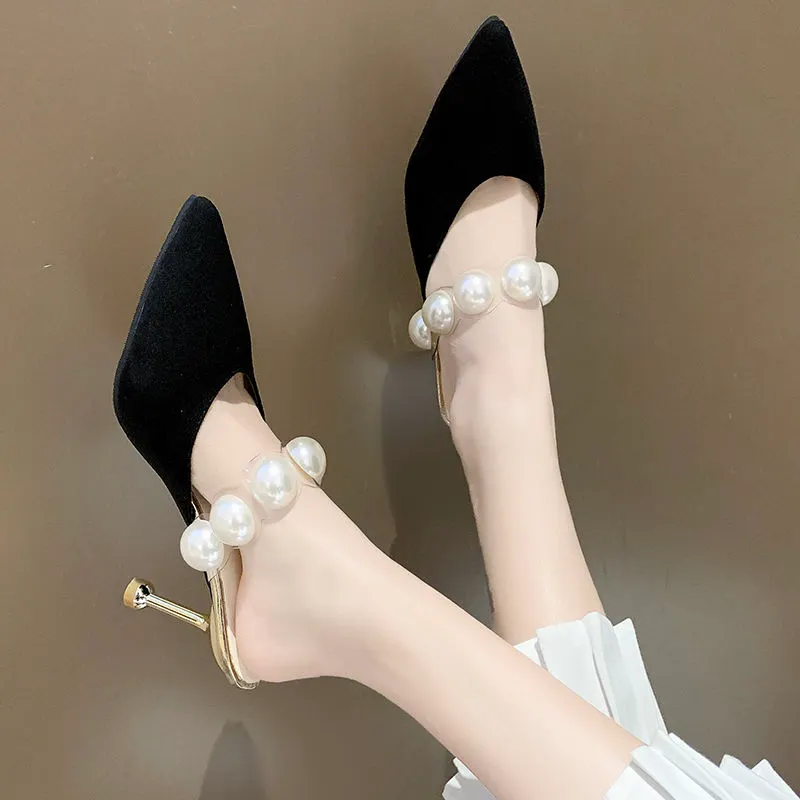 2022 Women Shoe Designer Pearl Strap Fairy Style Sandals Pointed Luxury 8cm Thin High Heels Pumps