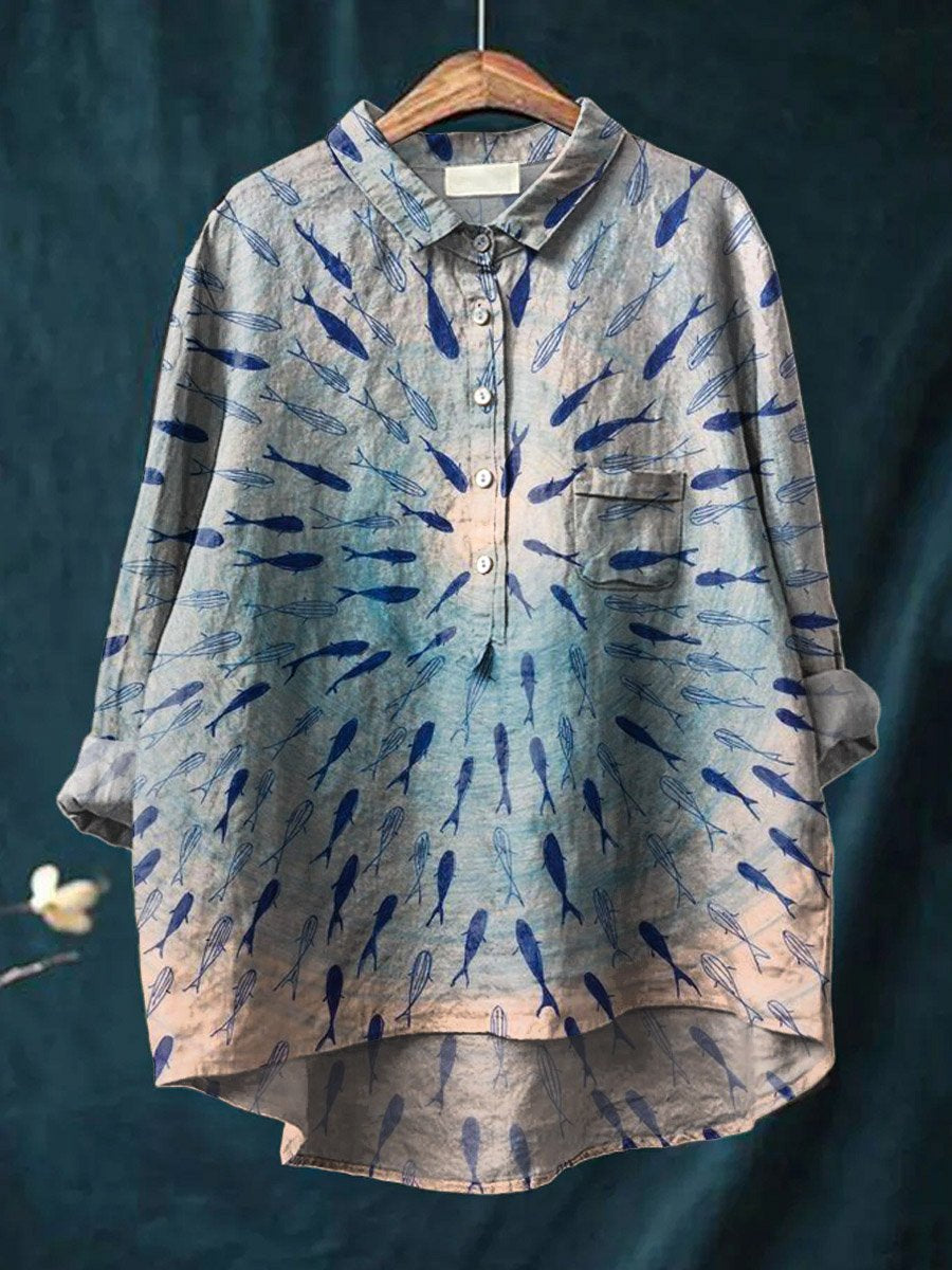 Vintage Lovely Fish Ocean Art Print Casual Cotton And Linen Shirt
