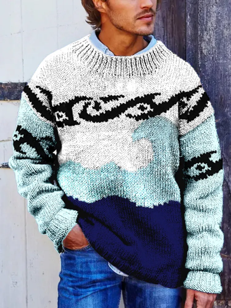 Retro Wave Color Contrast Surf Jacquard Sweater