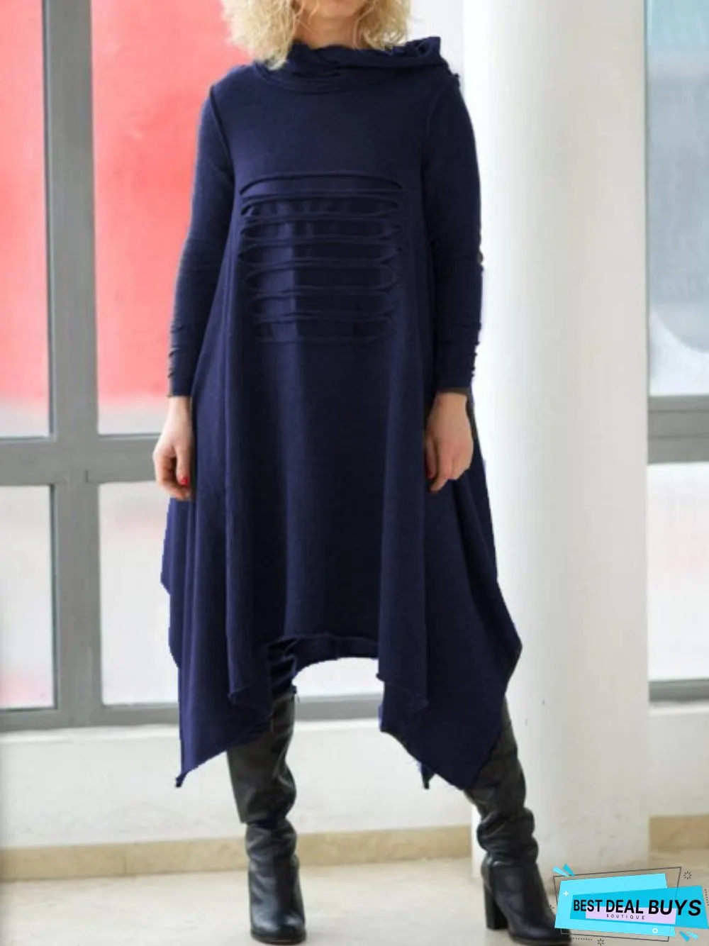 Black Hoodie Plain Casual Knitting Dress