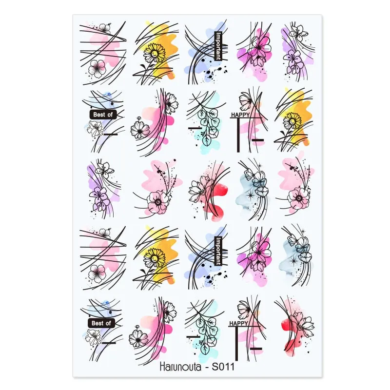 Harunouta Marble Blooming 3D Nail Sticker Decals Flower Leaves Transfer Water Sliders Abstract Geometric Lines Nail Watermark
