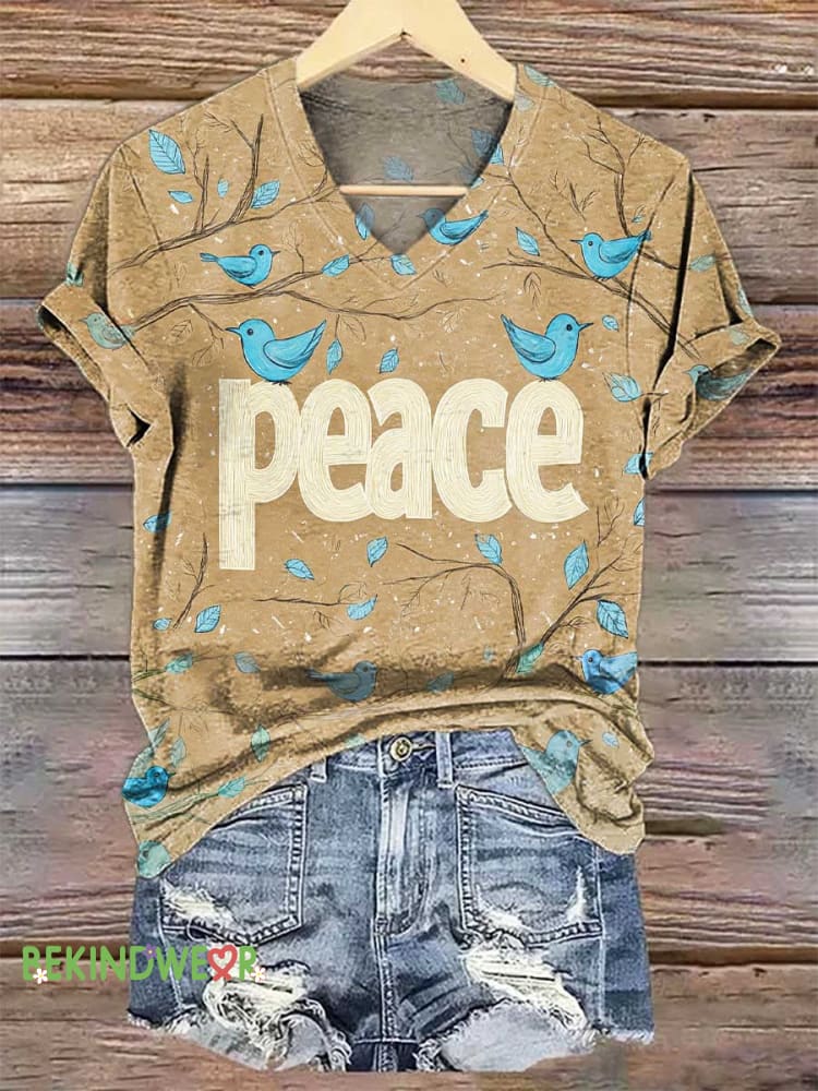 Women&rsquo;s PEACE Blue Bird V-neck Casual T-Shirt Multicolor / S