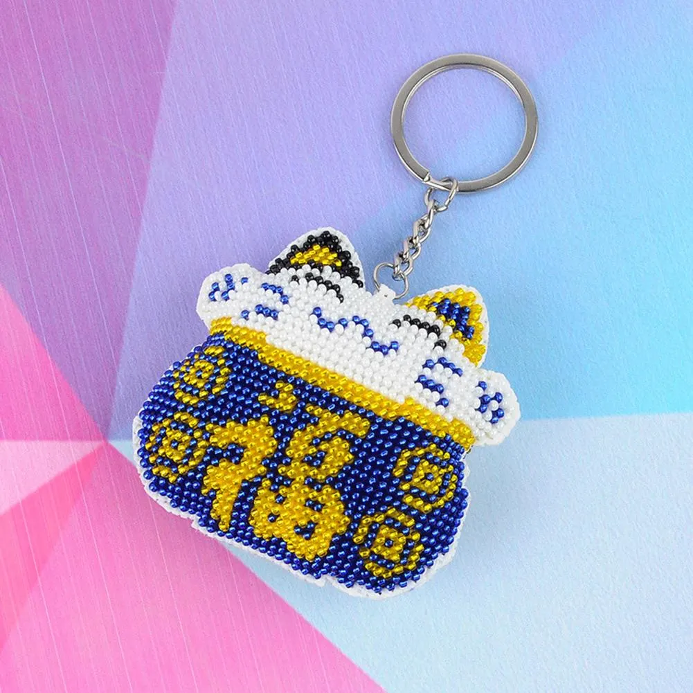 Stamped Beads Cross Stitch Keychain - Blue Fortune Cat