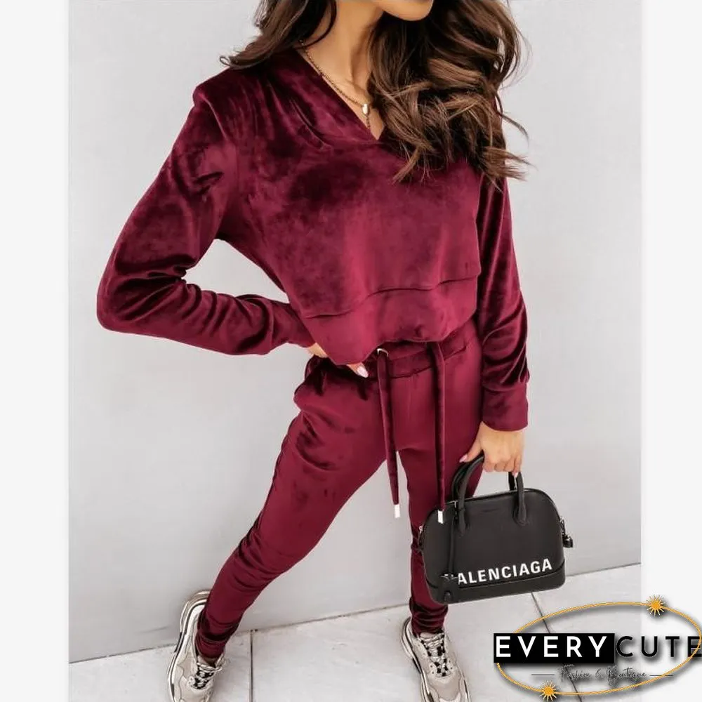 Wine-Red Women Velvet Fashion Hoodie&Pants Suit