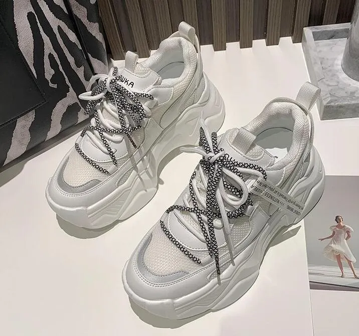 New Black Dad Chunky Sneakers Casual Vulcanized Shoes Woman High Platform Sneakers Lace Up White Sneakers Women 2022
